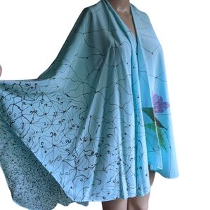 Hand Made Art Hand Painted Turqoise Blue Silk Cape OS